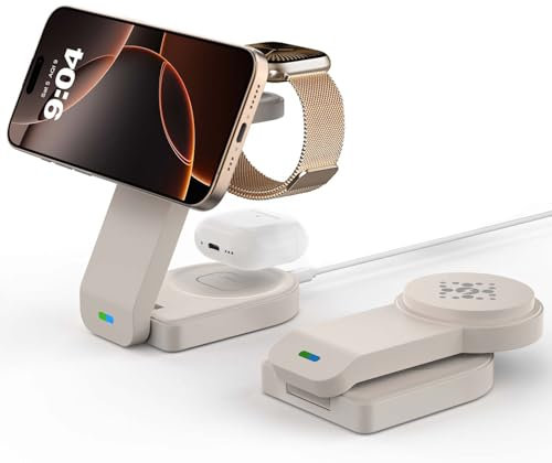 GLILAVOX Magnetic foldable Wireless Charger for Apple,3 in 1 Wireless Charging Station for iPhone Air 17 16 15 14 13 12 etc,Apple Watch,AirPod Pro3 2,Air-pods 4/3/2(Beige)