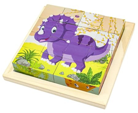 Würfelpuzzle Holz, 3D Bilderwürfel Puzzlespiele, 6 in 1 Tier-Motive Holzpuzzle Montessori Spielzeug mit 16 Würfel Lernspielzeug Holzspielzeug Geschenk für ab 1-8Jahren Jungen und Mädchen (Dinosauri D)
