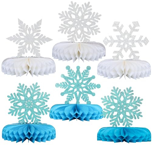 Gyufise 6 Pack Snowflake Honeycomb Table Centerpieces Snowflake Frozen Table Decoration Burst Table Centerpieces Table Decor for Frozen Winter Wonderland Party Decorations Blue Silver