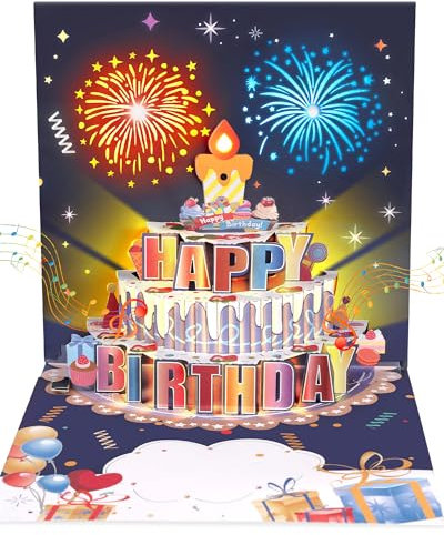 GlasFlength Geburtstagskarte mit Musik Blowable LED Licht Kerze, Geburtstagskarten mit Feuerwerk Happy Birthday Card Lustige 3D Pop Up Geburtstagskarte für Frau Freund Kinder Schwestern Familie