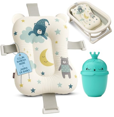 BABYBEBLOO Cuscino per vasca da bagno + brocca da bagno - Adattatore vasca da universale - riduttore - cuscino per - materassino per bambini, amaca da (Bianco Blu)
