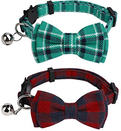 Katzenhalsband mit Glöckchen und Fliege Verstellbar, 2 Stück Einstellbar Plaid Katzenhalsbänder mit Sicherheitsverschluss für Kleine Hunde und Kitten (Rot, Grün)