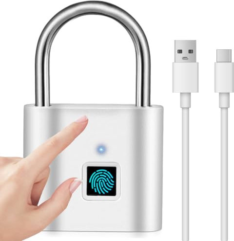 Candado con huella dactilar: carga USB, candado de huella dactilar, IP54, resistente al agua, para oficina, gimnasio, equipaje, jardín, taquilla (plata)