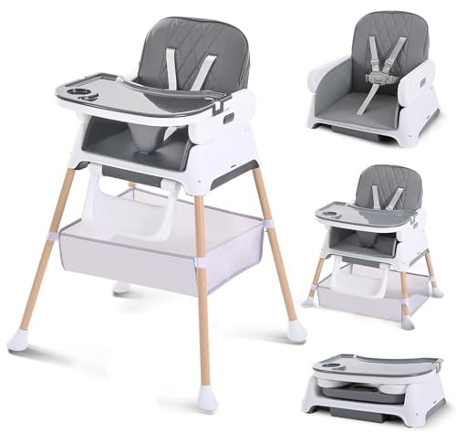 Hochstuhl Baby, Verstellbare Umwandelbare 3 in 1 Kinderhochstuhl, Tragbare Kompakte Baby Kleinkind Fütterung Stuhl Reise Hochstuhl Booster für Kleinkind, von 6 Monaten bis 3 Jahren Grau