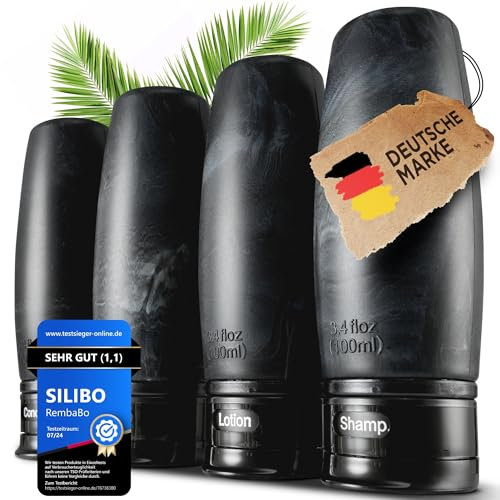 SILIBO Reiseflaschen zum befüllen (4x100ml), inklusive Reisetasche, handgepäck geeignet, Reise Must-Have, auslaufsicher, BPA frei, Beschriftungsring, Reise gadget, Reise set, Reise zubehör (schwarz)