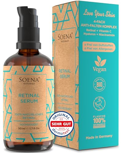 BIO Retinol Serum Hochdosiert • Die beste Retinolform (Retinal) + 7 Power Wirkstoffe = Hyaluron, Vitamin C, Niacinamid • Retinal Serum Vegan • Gegen Falten, Pickel und vergrößerten Poren • Made in DE