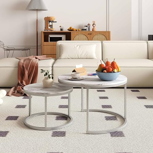 hitsuki Moderne Couchtisch Rund, Satztische fürs Wohnzimmer, Sofatisch mit Weißen Metallrahmen, Couchtisch Rund Weiss