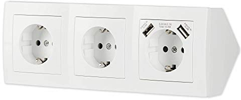 Steckdosenblock 3-Fach + 2X USB 2,1A weiß für Küche und Büro – hochwertige Steckdose Steckdosenleiste Ecksteckdose Tischsteckdose Unterbausteckdose Aufbausteckdose Schnellladefunktion