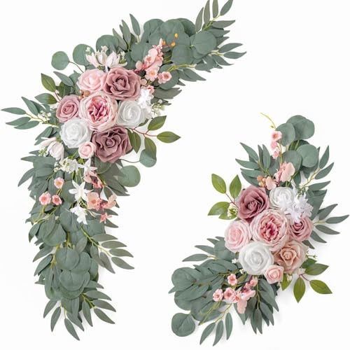 Xiyocadt Künstliches Hochzeitsbogen Blumen Set, künstliche Rosen Blumen Swag, Dekorative Girlande mit Rosen Pfingstrose, Eukalyptus Blättern, künstliche Blumen Girlande mit Bändern (Pink)