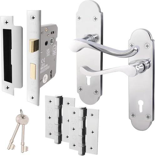 Richmond Lever Lock Pack, Polished Chrome, Complete Door Hardware Set with 65mm Sashlock, 75mm Ball Bearing Hinges, for Internal Wooden Doors