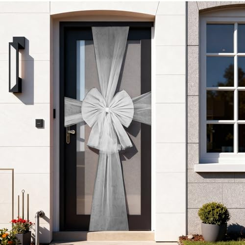 COSORO Large Christmas Bow for Front Door Silver,Xmas Door Bow with Diamante,Large Outdoor Christmas Decorations,Outside Silver Giant Bows for Cabinet Tree Wedding Xmas Party Front Porch Decoration