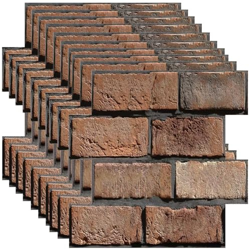 BIONSUIKIM 3D Wall Panels Self Adhesive, 10 Pack PVC Brick Stone Effect Wall Panel, Peel and Stick Wallpaper for Interior Decor Bedroom Kitchen Living Room Office 11.81x11.81 Inch (Red Seamless Brick)