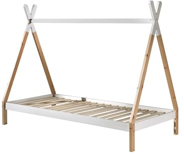 FURNLUX Tipi Kinderbett, 90x200 cm, Hausbett Design, Beige, Kiefernholz, 99x206x158 cm