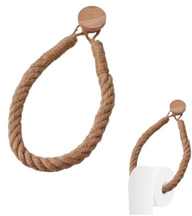 Self Adhesive Toilet Roll Holder, Chunky Rope Mounted Toilet Roll Holder | Natural Wood and Jute Add Rustic Charm, Self-Adhesive Backing Needs No Drilling, Suitable for Bathrooms and Country Kitchens