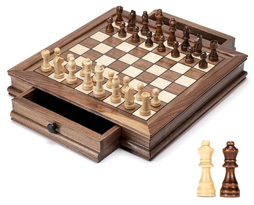 Magnetisches Schach- und Damespielset, Reisekoffer aus Holz mit Aufbewahrungsfächern for Anfänger und Profispieler(32x32cm)