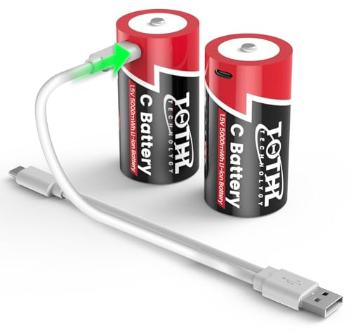 Lot de 2 Batteries Rechargeables Baby C USB 2 en 1 au Lithium C, Piles C Cell Li-ION, LR14 1,5 V de Taille C, 5000 mWh, pour Jouets d'inondation (2 pièces)