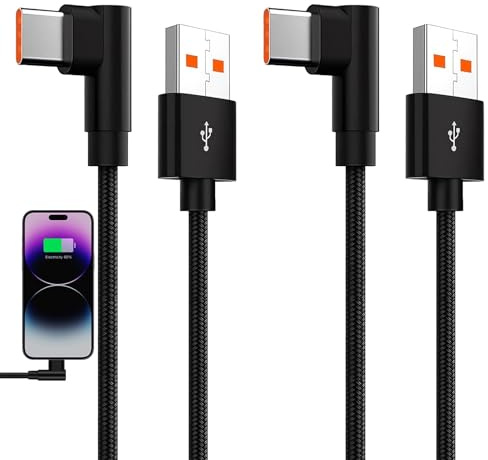 2 PCS 2M USB C Charger Cable,66W 6A Right Angle USB A to USB C Cable Fast Charging,Nylon Braided right angle usb c cable Compatible with iPhone 17/16/15 Pro Max Galaxy Sony Xperia Huawei LG Xiaomi