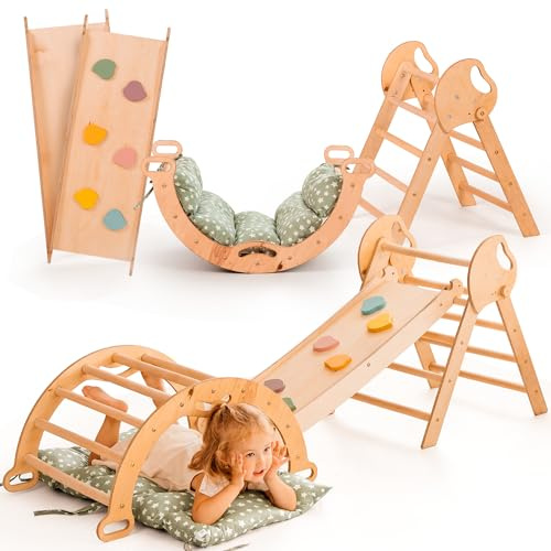 Goodevas Montessori Kit d'escalade 5 en 1 : triangle d'escalade d'intérieur, arche d'escalade avec coussins et toboggan pour enfants, aire de jeux d'intérieur de 1 à 3 ans