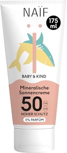 Naïf Sonnencreme für Baby & Kinder, LSF 50- Mineralischer Sonnenschutz mit Zinkoxid- Dermatologisch Getestet- Ohne Mikroplastik- Wasserresistent, 0% Parfüm, für empfindliche Haut- 175ml