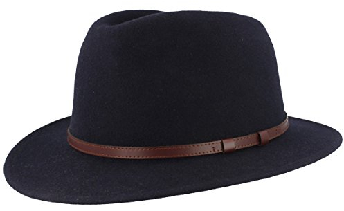 Breiter Outdoor Filz-Hut | Trekking-Hut | Wollhut aus 100% Wolle – Wasserabweisend & Faltbar – mit Ledergarnitur - Marine-Blau