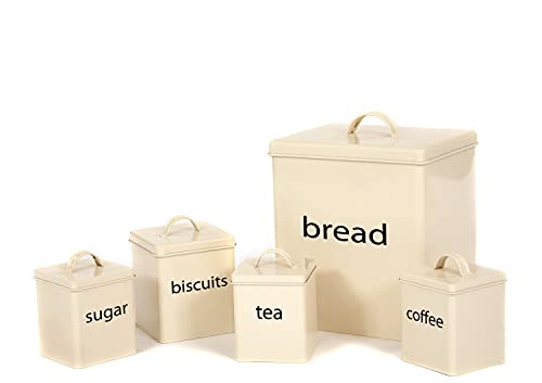 Oypla 5 Piece Cream Kitchen Canister Storage Tin Set Bread Biscuits Tea Sugar Coffee