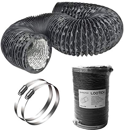 LOOTICH Fuerte Tubo Flexible de Aluminio PVC Ø102mm Longitud 2.5m para Extractor de Aire Climatización Secadora Conducto de Aire de Ventilación Sistemas con 2 Abrazaderas de Acero Negro