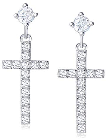 Damen Kreuz Ohrringe Ohrhänger aus 925 Sterling Silber Weiß Gold Plattiert mit Rundschliff Cubic Zirkonia Schmuck für Damen Mädchen Kinder - Größe: 22 * 10 mm