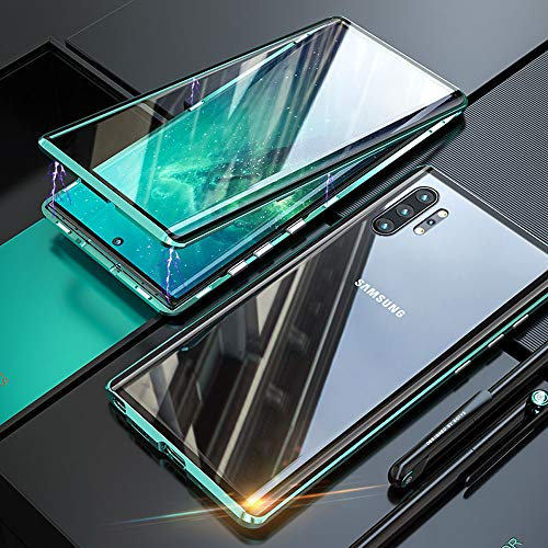 Cover Samsung Galaxy Note 10 Plus,Magnetica Custodia[Cornice Metallica][Doppio Vetro Temperato] Adsorbimento Magnetico 360 Gradi Full Body Trasparente Vetro Temperato,per Galaxy Note 10+ Cassa - Verde