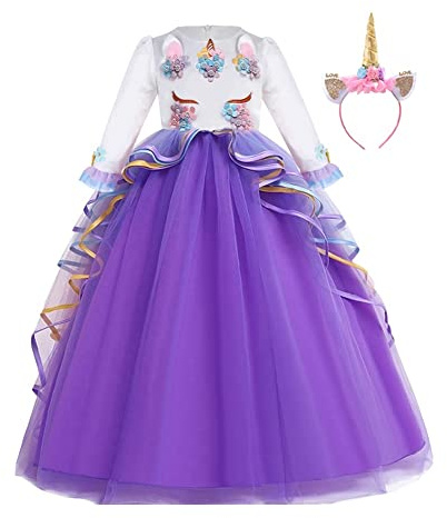 FMYFWY Costume Carnevale Unicorno Principessa Ragazze Compleanno Cerimonia Arcobaleno Lungo Maxi Tulle Vestito Maniche Lunghe Natale Halloween Cosplay Festa Abiti con Cerchietto Unicorno