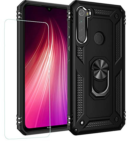 Joytag compatibles para Funda Redmi Note 8,Carcasa +Cristal Templado Silicona TPU 360 Grados Anillo Giratorio magnético Soporte Caja del teléfono del Coche-Negro