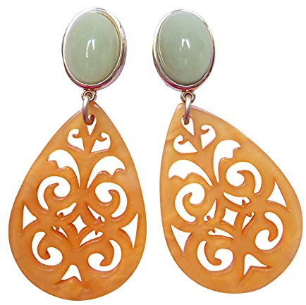Leichte sehr große Ohrstecker Ohrringe vergoldet Stein jade-grün Anhänger riesig orange Hingucker Eyecatcher Statement Party Fest Designer JUSTWIN