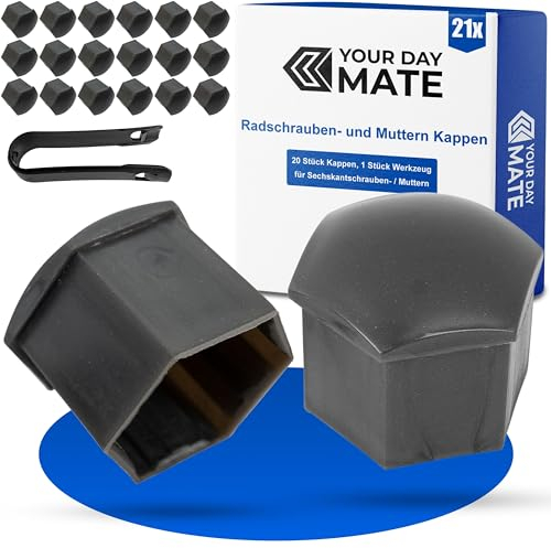 Copri bulloni ruota Ø 21 mm universali, grigio, per tutte le marche di auto, 20 pz tappi copri dado in plastica Ø 2,1 cm con attrezzo di rimozione, Copertura di protezione testa della vite pneumatici