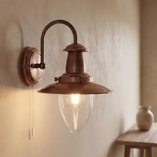Licht-Erlebnisse Wandleuchte Kupfer mit Zugschalter, Maritim Vintage, Metall Glas, Schlafzimmer, Flur, Wohnzimmer, H:26 cm, ohne Leuchtmittel, E27 Wandlampe Innen