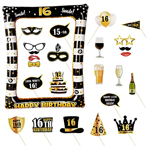 (24Pcs) 16th Birthday Party Inflatable Frame and Photo Booth Props for Her Him Forty Birthday Gold and Black Decorations Family Fun Holiday Party Supplies Theme Party Kit