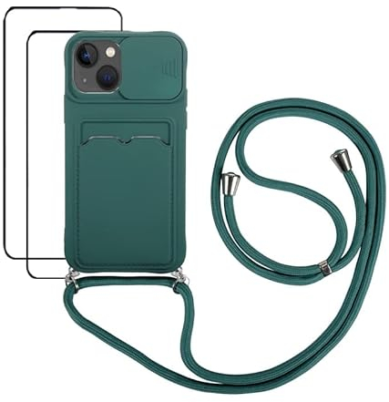 Funda con Cuerda para iPhone 13 Mini (5.4)+2 Pack Protector Pantalla,Cubierta de Cámara Deslizante Proteger,TPU Silicona Case con Ranura para Tarjetas,Antigolpes Case(verde oscuro)