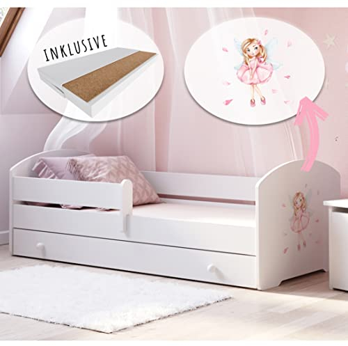 Kids Collective Kinderbett 80x160 cm mit Matratze und Schublade, Rausfallschutz & Lattenrost mit Prinzessinnen Motiv, Bett für Mädchen, Prinzessin | von 3. bis 10. Lebensjahr