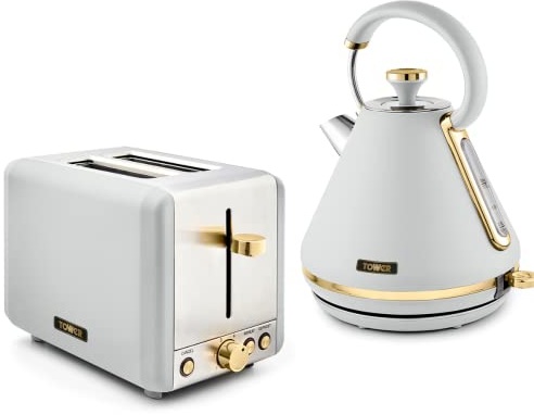 TOWER Cavaletto 1.7L 3KW Pyramid Kettle & 2 Slice Toaster in Optic White with Brushed Champagne Gold Accents. Matching White Kettle & 2 Slice Toaster Set