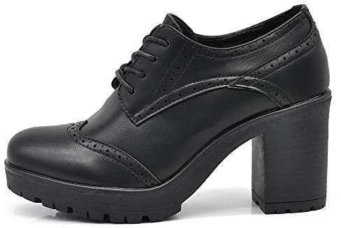 IF Fashion IF146 - Zapatos de mujer con cordones y bordado de tacón grueso de piel sintética, If 146 Black, 39 EU