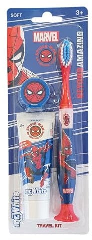 Marvel Spiderman Kids Toothbrush Travel Set – Includes Mint-Flavoured Toothpaste & Soft-Bristle Toothbrush with Suction Cup & Protective Cap | Travel-Friendly Oral Care Kit for Children Ages 3+