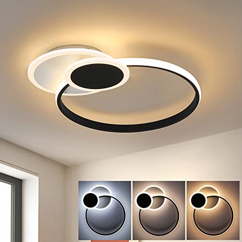 CBJKTX LED Deckenleuchte Wohnzimmer Deckenlampe - Dimmbar Wohnzimmerlampe 45CM Schwarz mit Fernbedienung 39W Schlafzimmerlampe Modern 3 Ring Design in Weiß für Schlafzimmer Büro Küche Esszimmer
