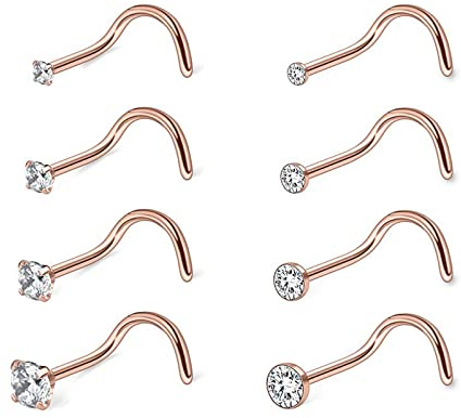 Longbeauty 20G 8 Pcs Nasenpiercing Nasenringe Klare CZ Nasenschraube Nase Studs Edelstahl Nasenschmuck S-Förmig Nostril Spirale Nasenstecker Ohr Knorpelringe Körperpiercing, Rosegold