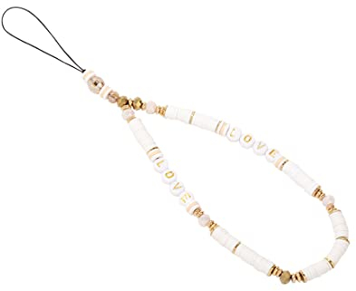 1 Pcs Lanière pour téléphone portable - Style bohème vintage - Anti-perte - Avec lettre d’amour, perles colorées - Pour femme - Blanc