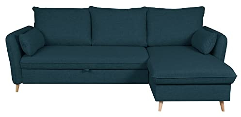 Miliboo Ecksofa, umwandelbar, mit Truhe, 3-4-Sitzer, aus Stoff, Ozeanblau und helles Holz, DRISS