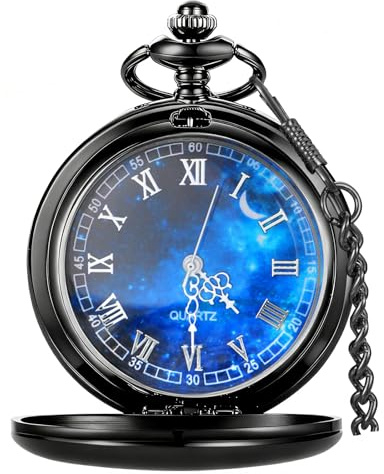 Tiong Vintage Pocket Watch Smooth Steel Roman Numerals/Blue Starry Design Quartz Pocket Watches with Chain for Men Women