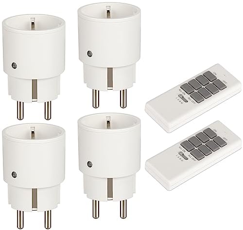 Steckdose mit Fernbedienung 2300W, 4er Funksteckdosen mit 2er Fernbedienung, 12 Kanal Programmierbar Funksteckdosen Set Reichweite 70m, Funkschalt Set Selbstlern-Funktion für Haushaltsgeräte, Weiß