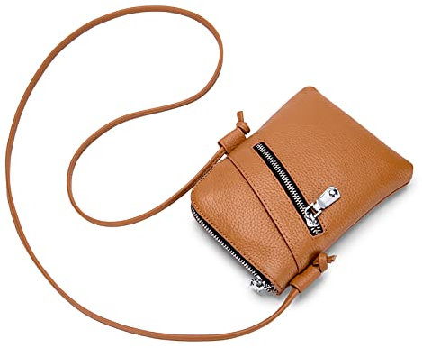 FORRICA Handy Umhängetasche Damen Echte Leder Handytasche zum Umhängen mit Kopfhöreranschluss Frauen Schultertasche Kleine Crossbody Tasche Braun