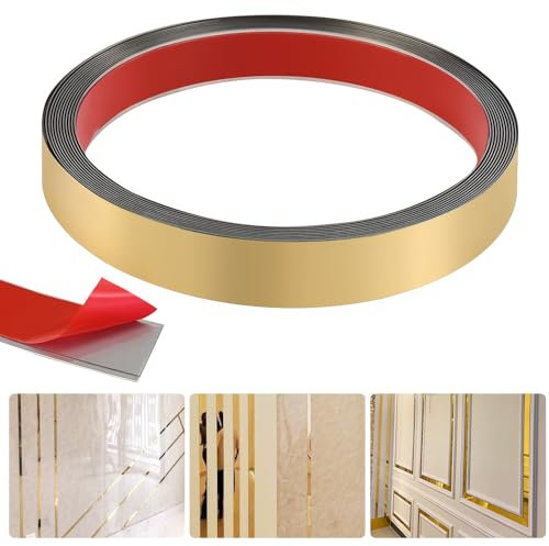 KITERI 16.4Ft Gold Molding Wall Trim Stainless Steel Self-Adhesive Gold Trim Metalized Molding Trim Gold Mirror-Like Design Trim Metal Wall Edging Strip Trim for Door Furniture Wardrobe,2cm
