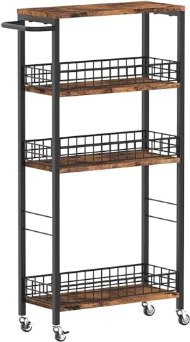 4 Tier Kitchen Storage Cart Slim Rolling Cart on Wheels Mobile Vegetable Rack with Wooden Tabletop Slide Out Utility with Handle for Living Room Laundry Pantry Brown