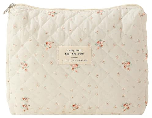 Starnearby Trousse de Toilette Matelassée Femme en Coton Doux, Trousse de Maquillage Fleurie, Pochette de Rangement Maquillage, Pochette Matelassée Maquillage, Trousse Cosmétique de Voyage