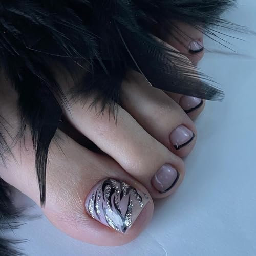 24Pcs French Press on Toenails Square False Toenail Short Acrylic Full Cover Stick on Toenails with Black Flame Design Glossy Artificial Nude Fake Toe Nails for Women Girls Nail Art Decorations